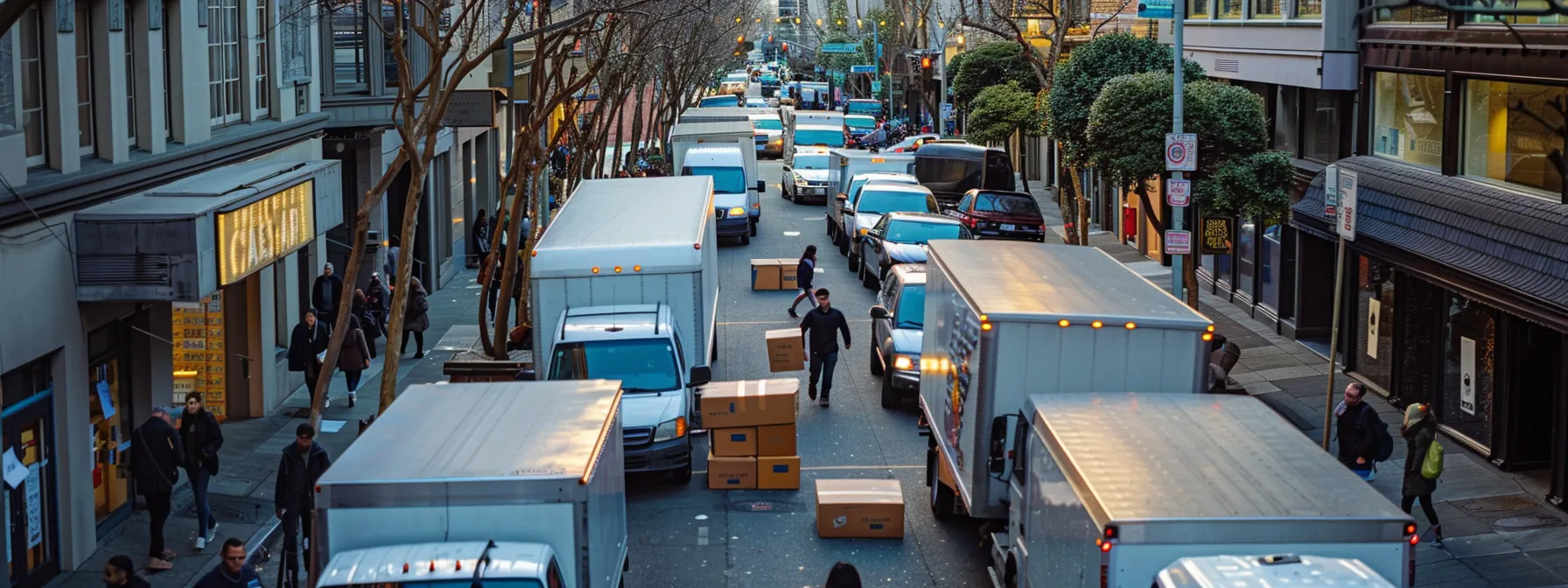 A Bustling City Street Crowded With Parked Moving Trucks, As People Carrying Boxes Make Their Way Towards A High-Rise Apartment Building In Downtown San Francisco.