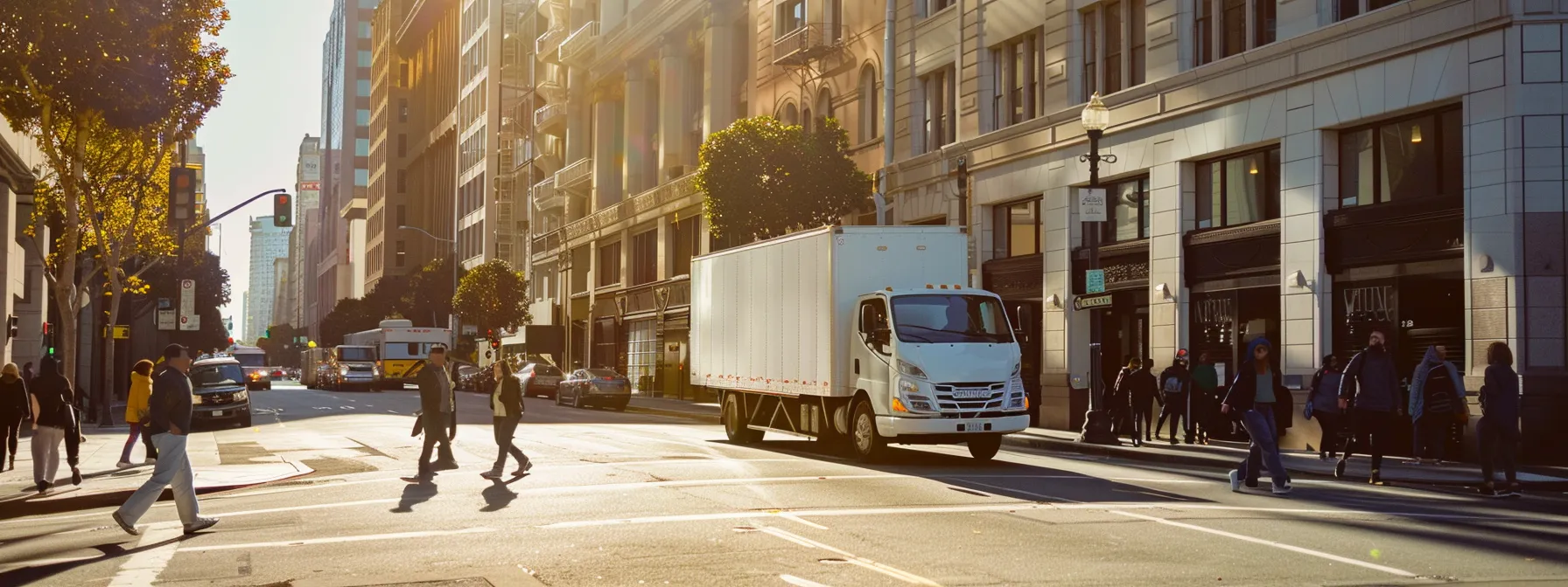 A Bustling City Street Filled With Movers Carefully Loading A Moving Truck Under The Sunny Skies Of Downtown San Francisco.