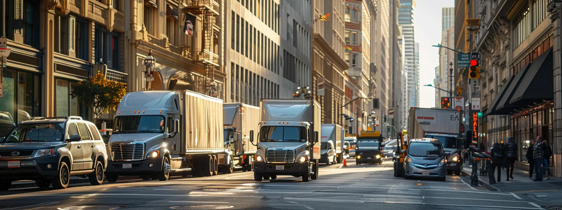 A Bustling City Street In Downtown San Francisco Lined With Moving Trucks And Professional Movers Unloading Furniture, Showcasing The Importance Of Efficient Business Relocation.