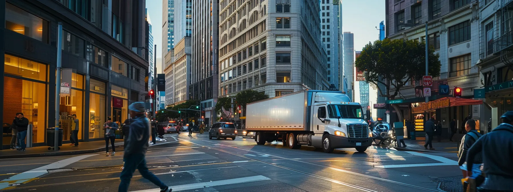 A Bustling City Street In Downtown San Francisco With A Moving Truck Parked In Front Of A High-Rise Office Building, Showcasing A Professional And Reliable Commercial Moving Company In Action.