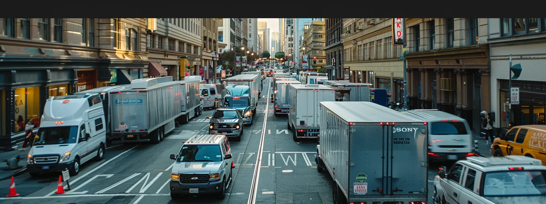 A Bustling City Street Lined With Moving Trucks And Business Professionals, Showcasing The Organized Chaos Of A Commercial Relocation In Downtown San Francisco.