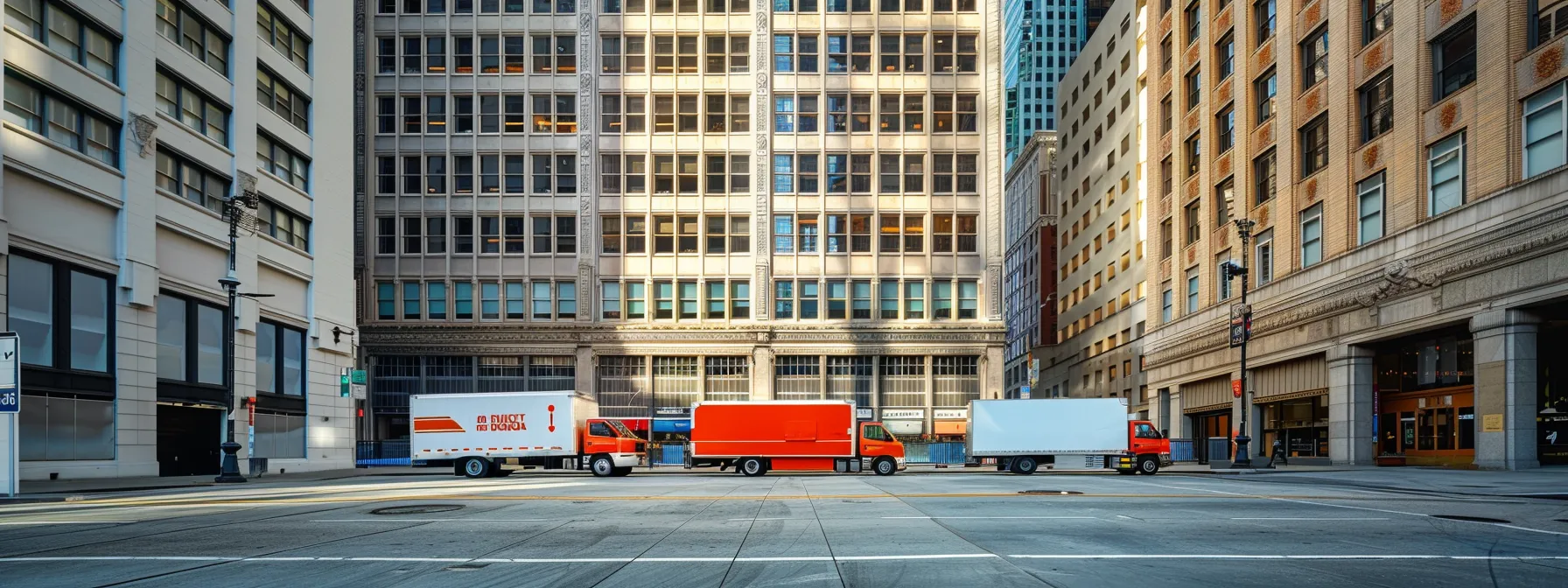 A Bustling Cityscape Of Downtown San Francisco With Moving Trucks Parked In Front Of Office Buildings, Showcasing The Vibrant Commercial Moving Industry In The Area.