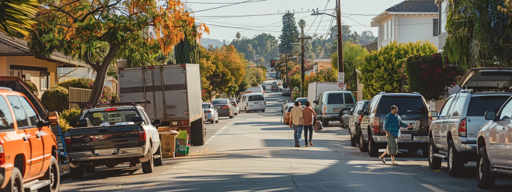 A Bustling Los Angeles Neighborhood Street Filled With Moving Trucks And Families Excitedly Preparing For Their New Homes.