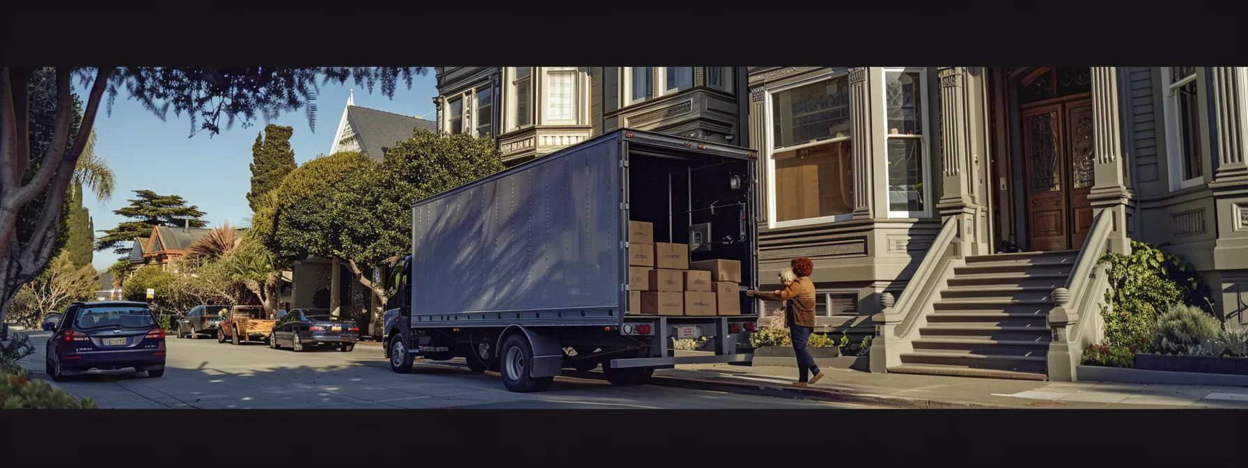 A Bustling Moving Team Carefully Packing Boxes And Loading A Moving Truck Outside A Charming San Francisco Victorian House.