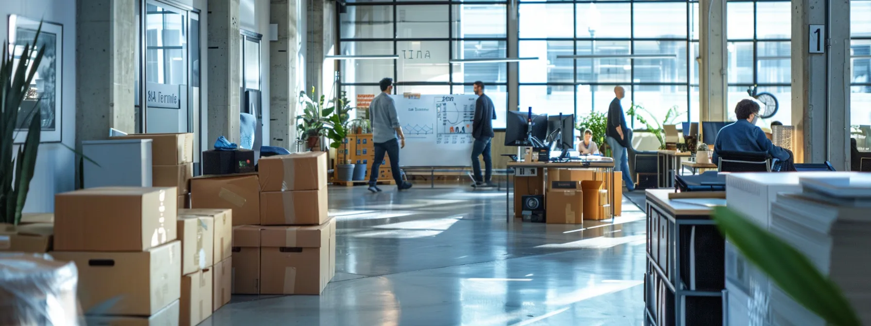 A Bustling Office In Downtown San Francisco With Moving Boxes Stacked Neatly, A Team Of Professionals Discussing Logistics, And A Clear Timeline Displayed On A Whiteboard.