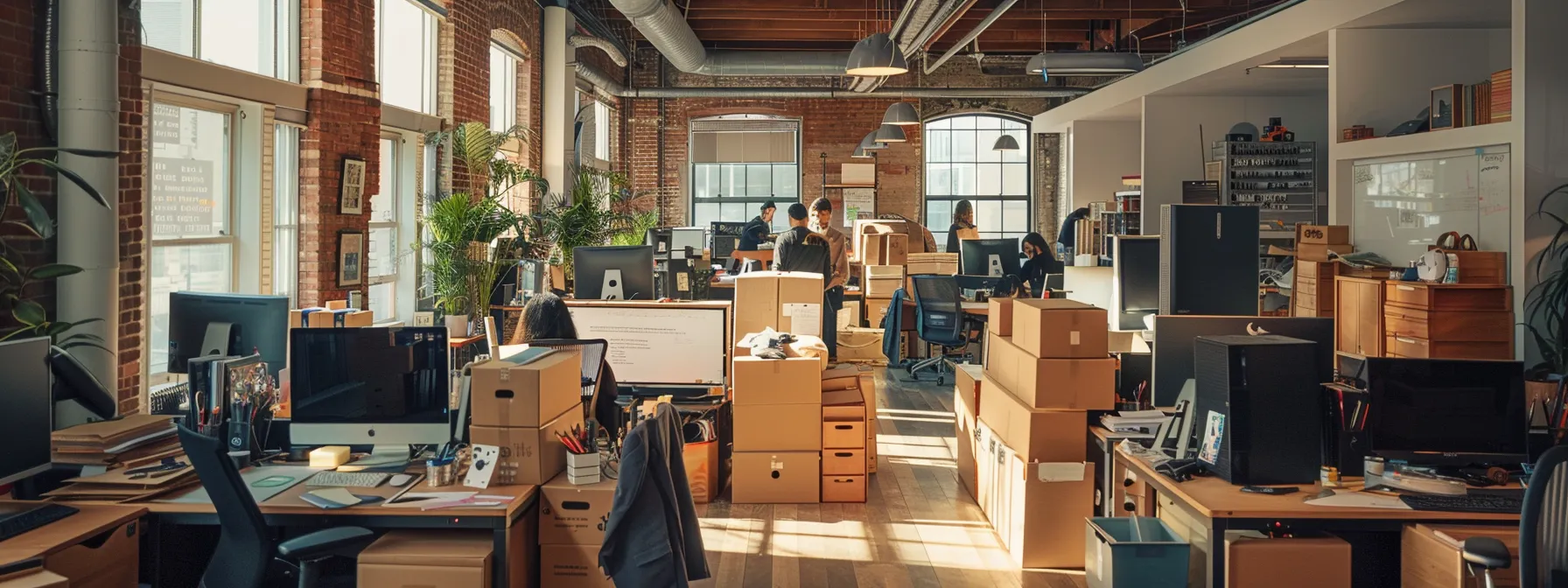 A Bustling Office Space Filled With Moving Boxes, Whiteboards, And Computers, As A Professional Team Works Together To Organize And Pack For A Smooth Transition On Moving Day In Downtown San Francisco.