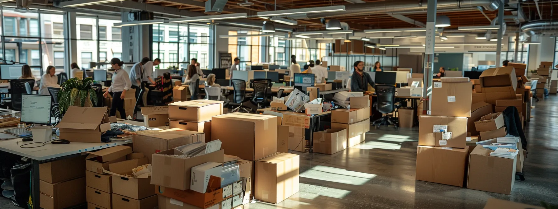 A Bustling Office Space In San Francisco's Downtown District, Filled With Employees Packing Boxes And Coordinating The Seamless Move To A New Location.