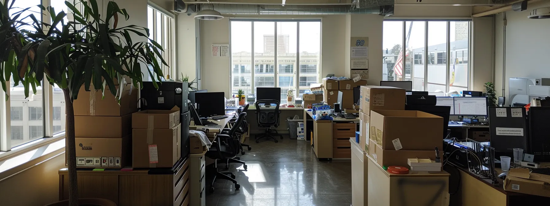 A Bustling Office Space In Downtown San Francisco Filled With Movers Expertly Packing And Coordinating The Relocation Of Office Equipment, Ensuring A Smooth Transition For Local Businesses.