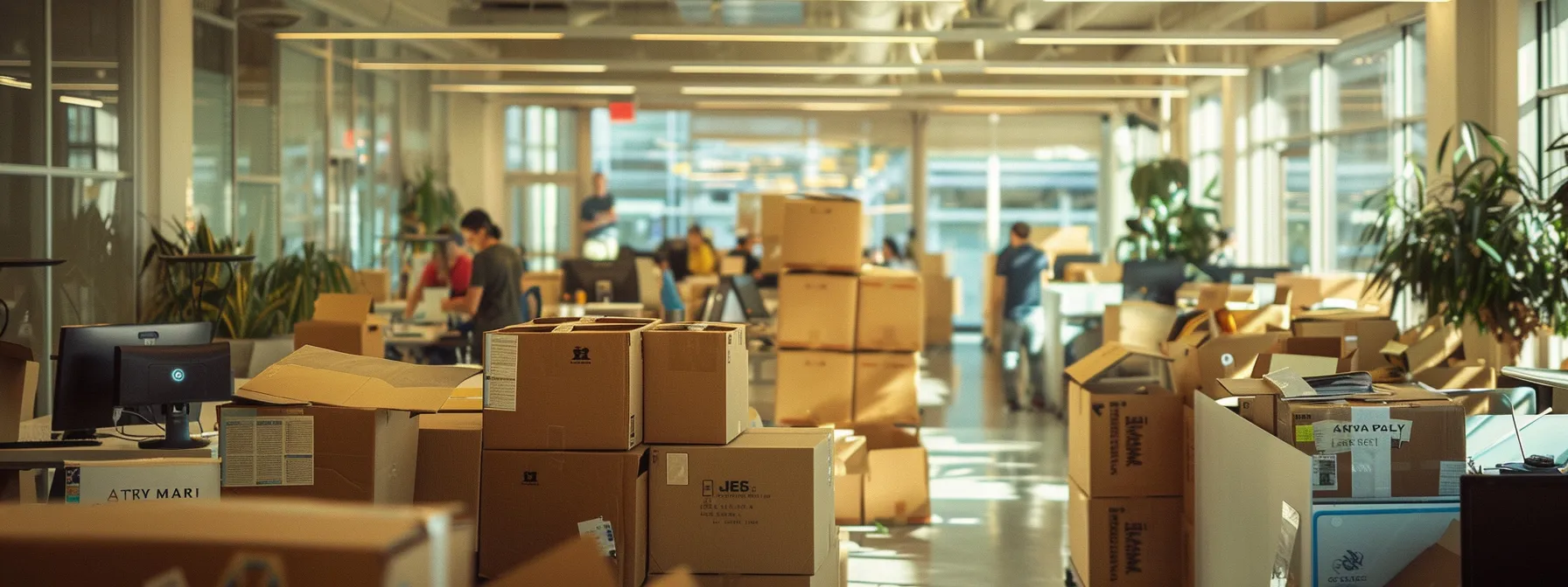 A Bustling Office With Employees Packing Up Boxes, Updating Client Information, And Ensuring Data Security For A Seamless Relocation In Downtown San Francisco.