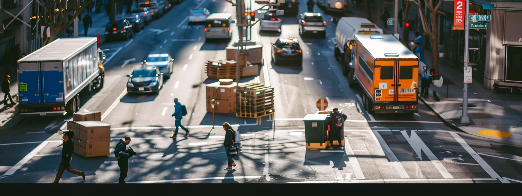 A Bustling San Francisco Street Corner Lined With Moving Trucks And Crates As People Prepare To Transport Their Vehicles To New York City.