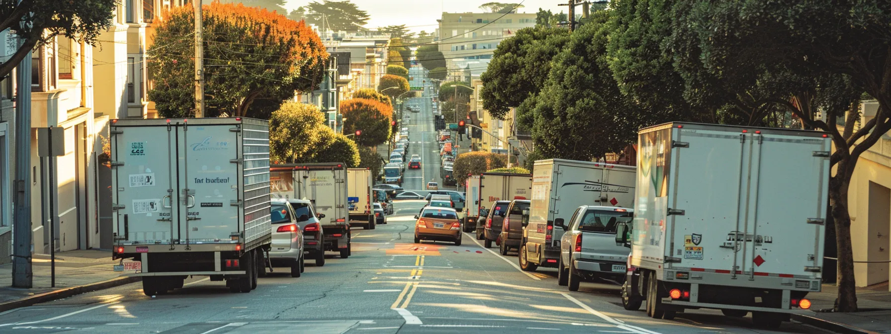 A Bustling San Francisco Street Lined With Top Long-Distance Moving Company Trucks, Ready To Assist In Residential, Apartment, Office, Piano, And Furniture Moves, Displaying Awards And Accolades That Highlight Their Industry Recognition.