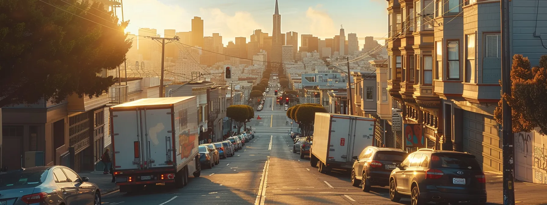 A Bustling San Francisco Street Lined With Moving Trucks And Residents Carrying Boxes, With The Iconic City Skyline In The Background.