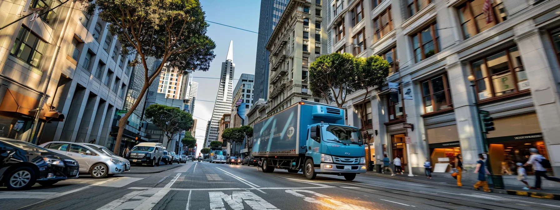 A Bustling San Francisco Street Scene, Showcasing A Company Navigating Through Urban Traffic With A Moving Truck, Surrounded By Towering Buildings And Bustling Sidewalks.