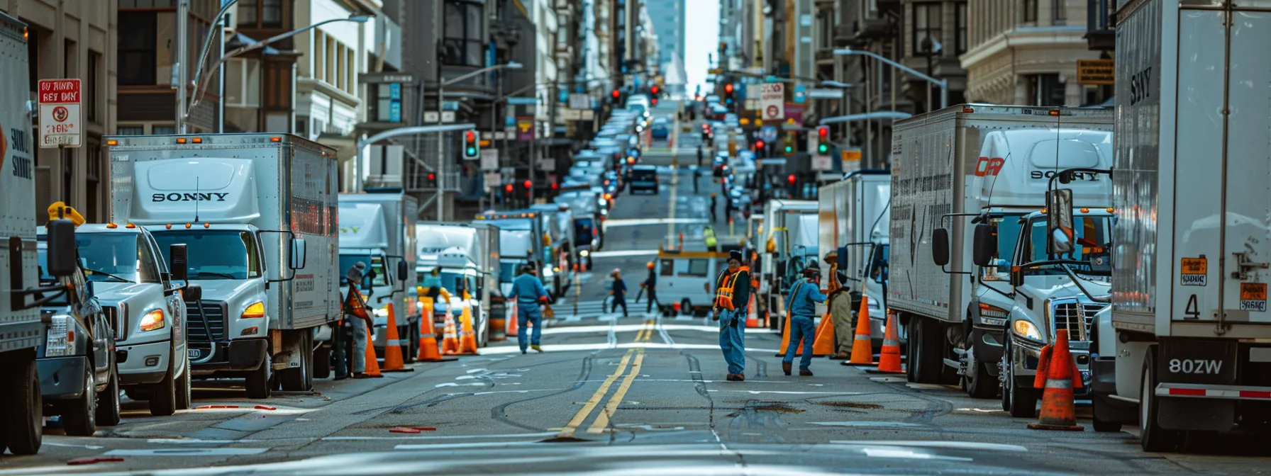 A Bustling San Francisco Street Lined With Moving Trucks, Reserved Parking Permits Displayed Prominently, As Utility Workers Update Service Connections, Ensuring A Seamless Transition On Moving Day.