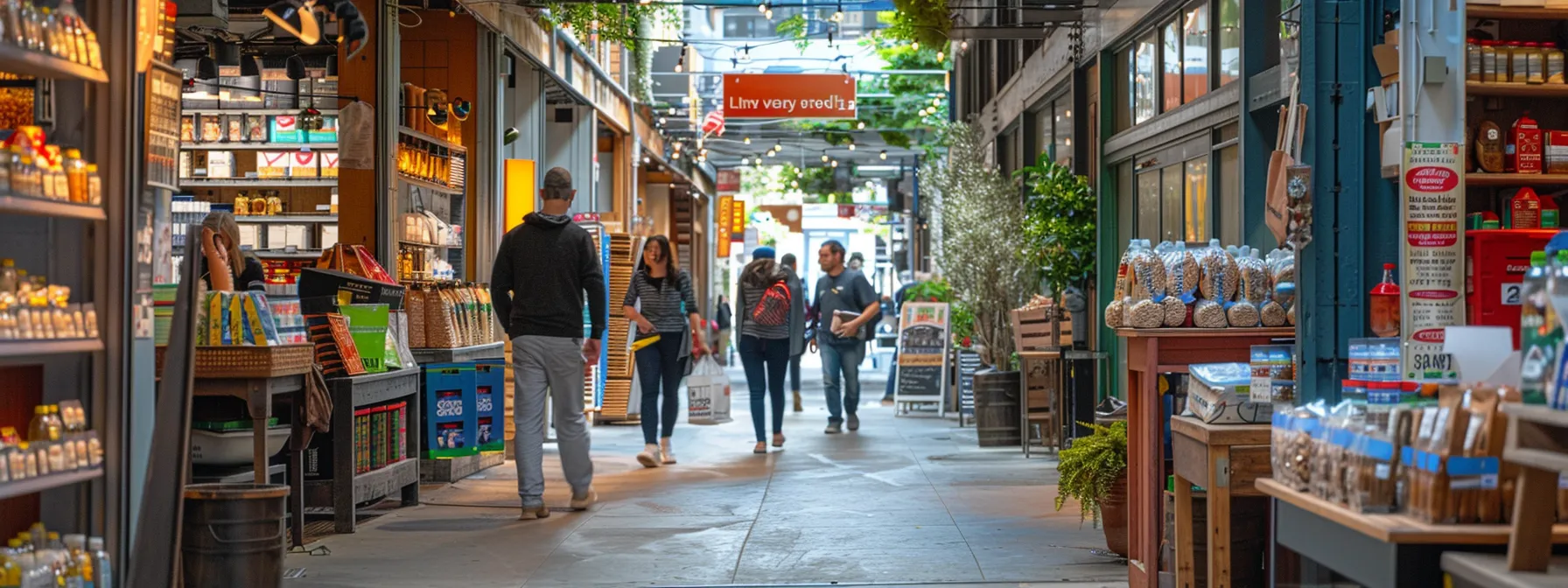 A Bustling San Francisco Street Lined With Online Eco-Friendly Packaging Suppliers Offering Sustainable Packing Supplies For Purchase.