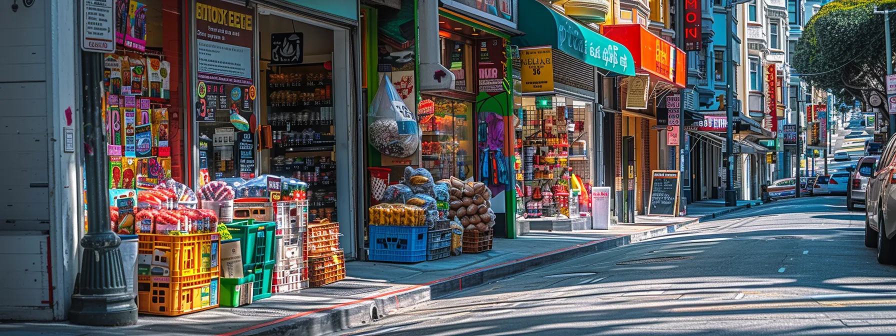 A Bustling San Francisco Street Corner Featuring Colorful Local Stores Stocked With A Variety Of Packing Supplies.