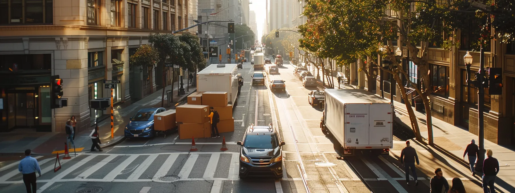 A Bustling Street In Downtown San Francisco With Professional Movers Unloading Boxes From A Moving Truck, Showcasing Efficient Communication And Optimal Timing During A Relocation Process.