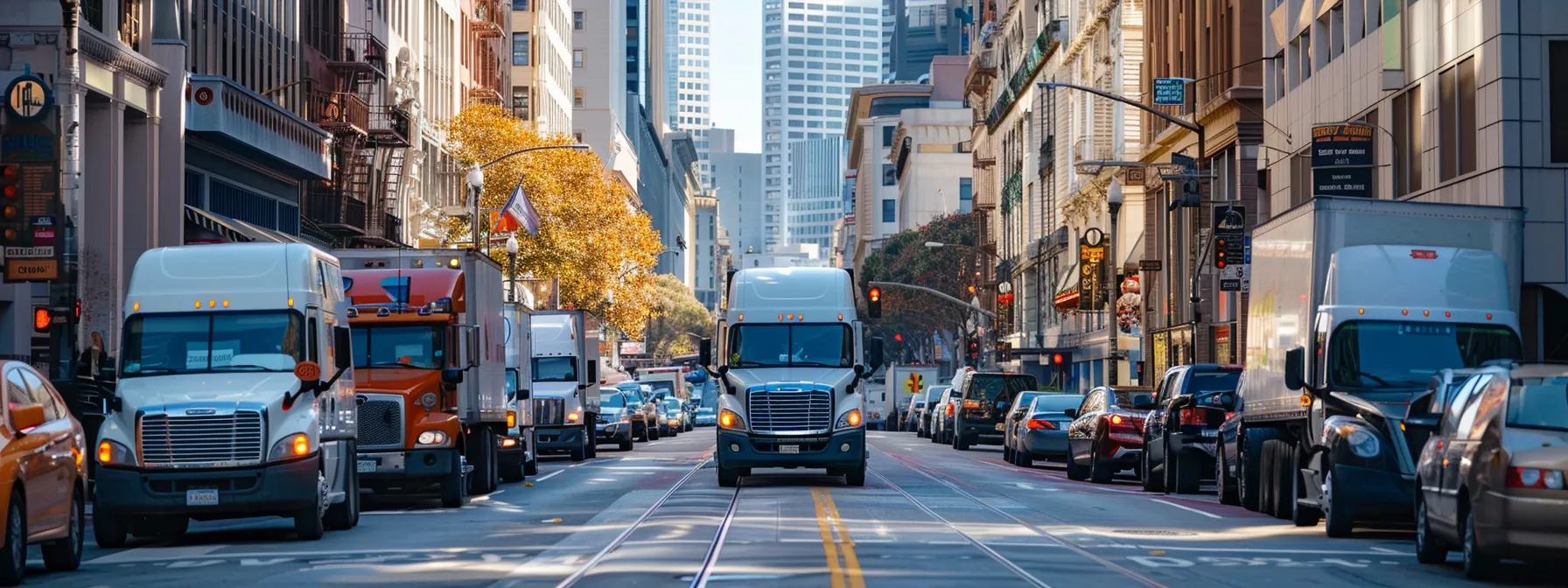 A Bustling Street In Downtown San Francisco Lined With Moving Trucks Of Various Sizes, Showcasing A Diverse Range Of Affordable Movers Ready To Assist With Relocation.