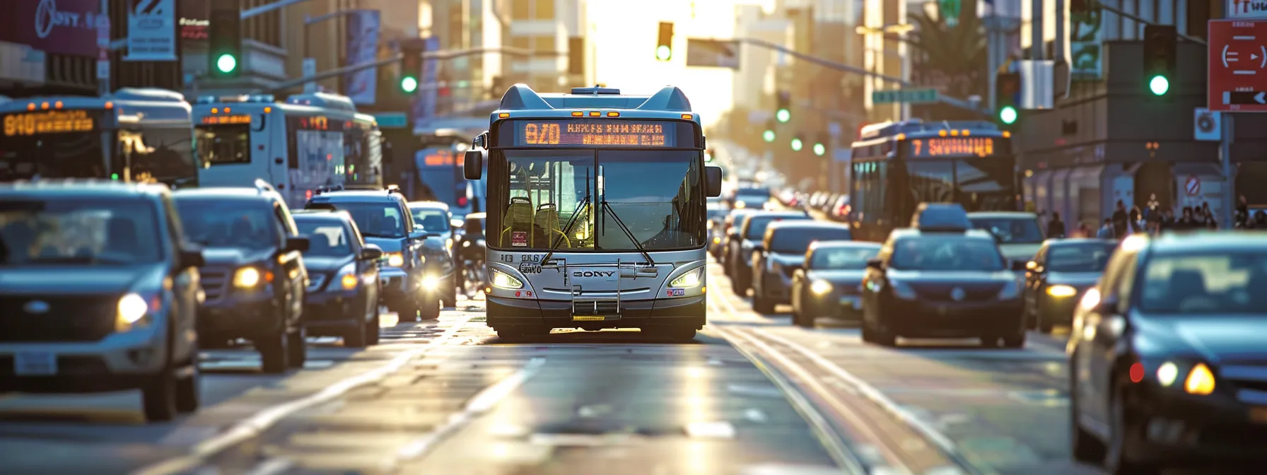 A Busy City Street With A Variety Of Transportation Options, From Cars To Buses To Bikes, Showcasing The Different Modes Of Getting Around Los Angeles.