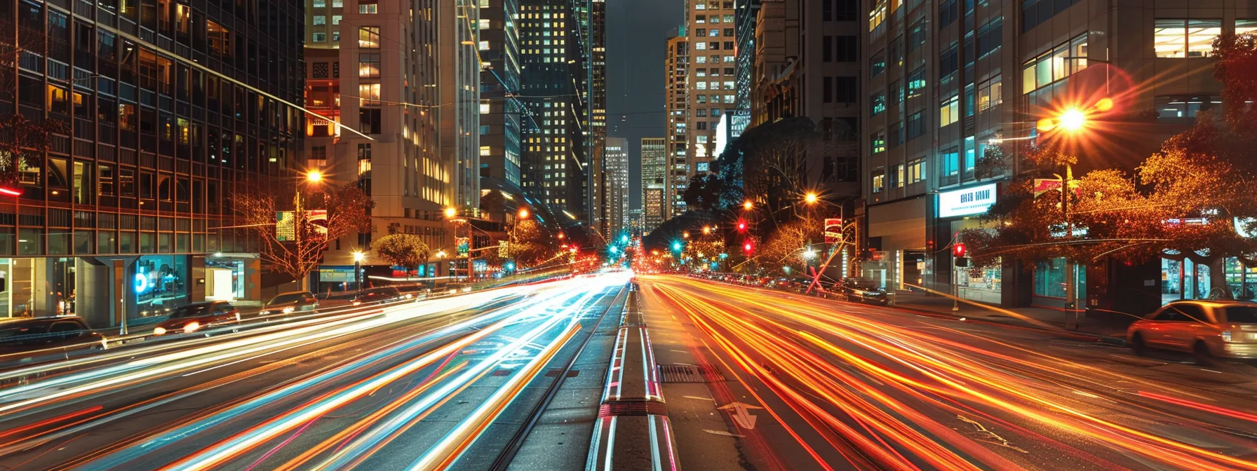 A Busy Downtown San Francisco Street, Lined With High-Rise Buildings And Bustling With Activity, As Local Movers Efficiently Navigate The Traffic With Ease.