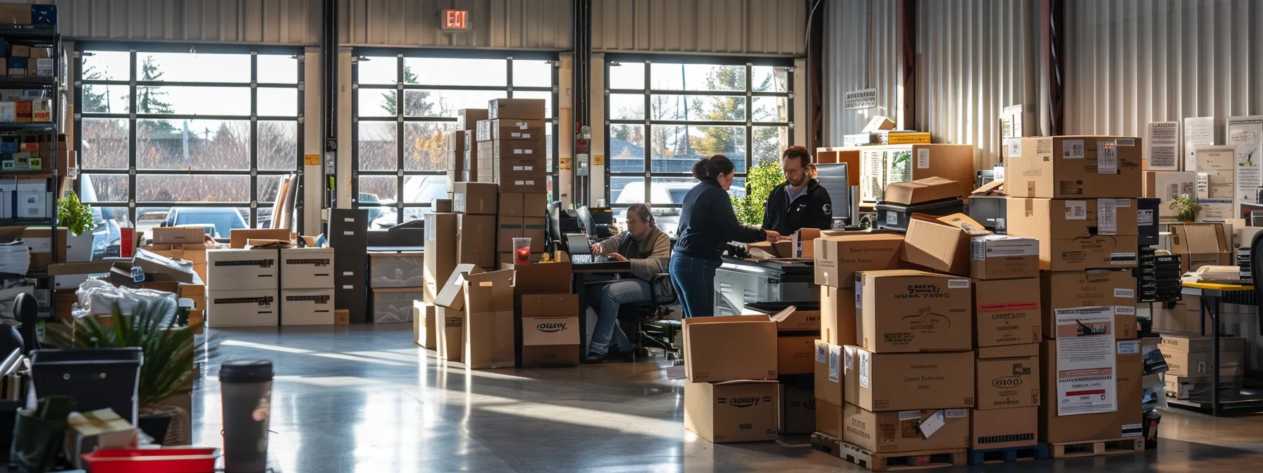 A Busy Interstate Moving Company Office With Agents Assisting Customers On The Phone, Surrounded By Stacks Of Moving Boxes And Relocation Documents.