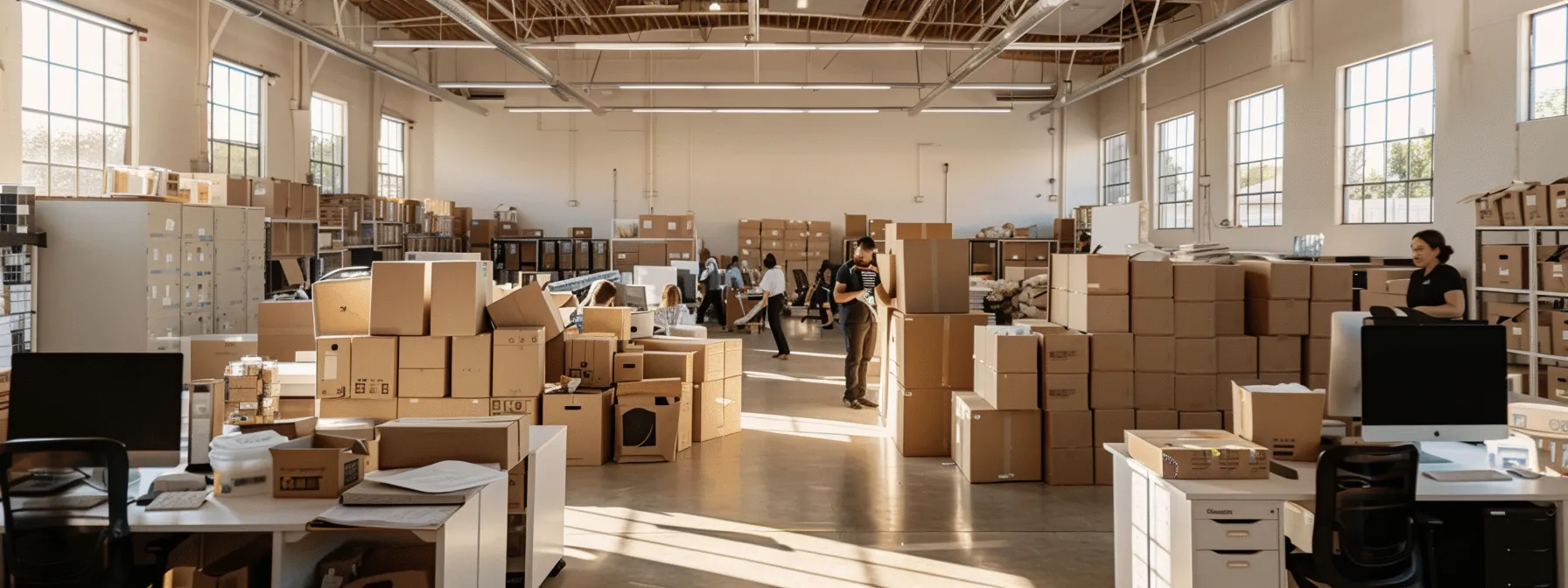 A Busy Southern California Office With Employees Coordinating With A Professional Moving Crew, Surrounded By Stacks Of Boxes Labeled For Different Destinations.