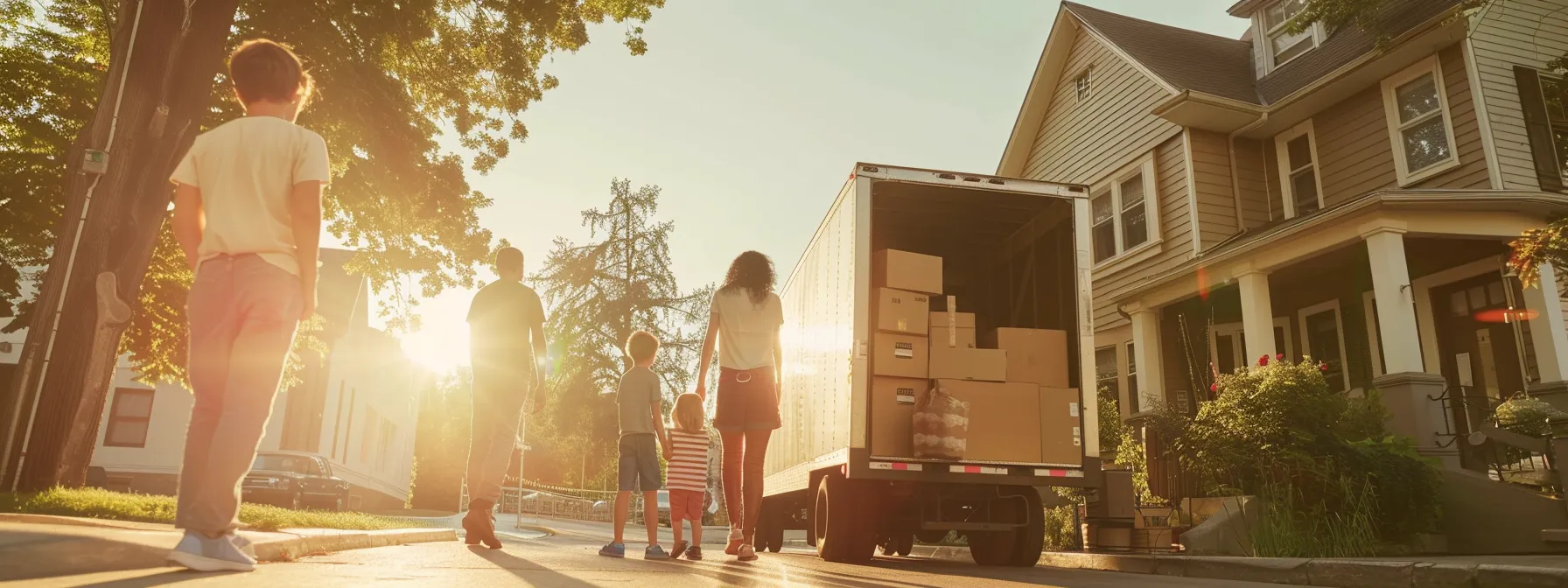 A Cheerful Family Watching Professional Movers Efficiently Pack Their Belongings Into A Moving Truck On A Sunny Day.