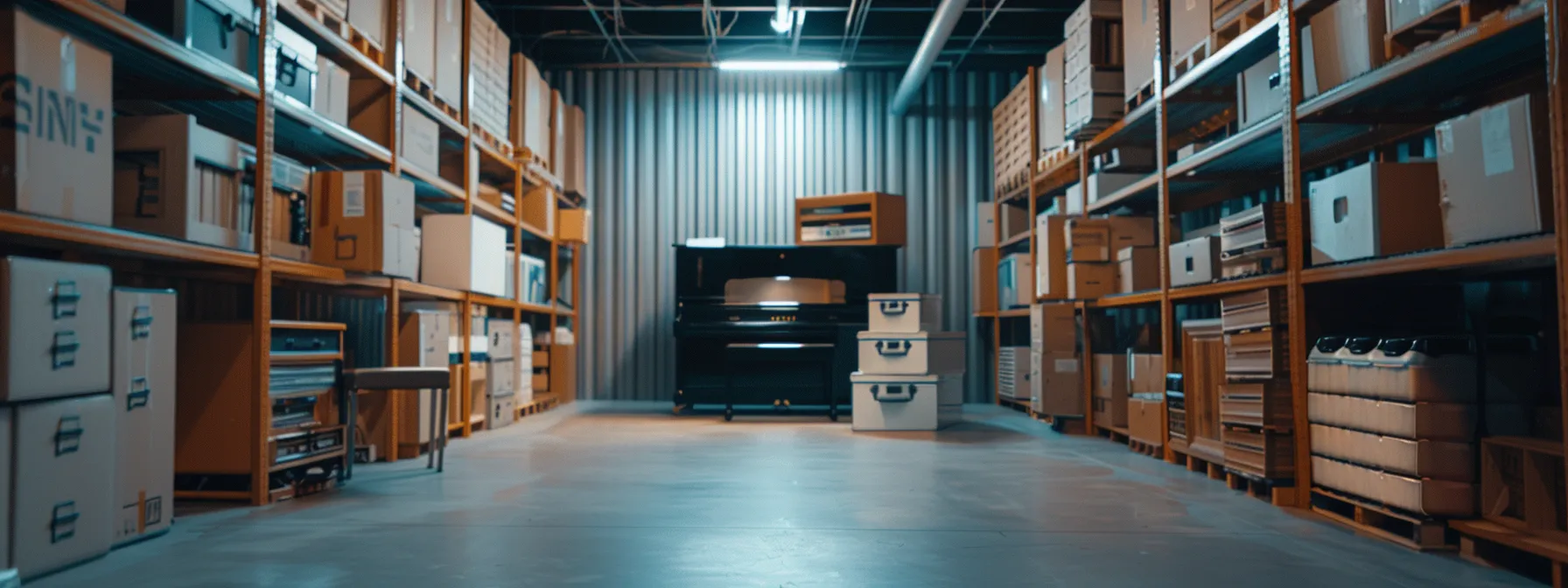 A Climate-Controlled Storage Unit Filled With Neatly Stacked Boxes, A Piano, And Delicate Furniture Under Soft, Even Lighting To Highlight Its Importance In Protecting Valuable Items.