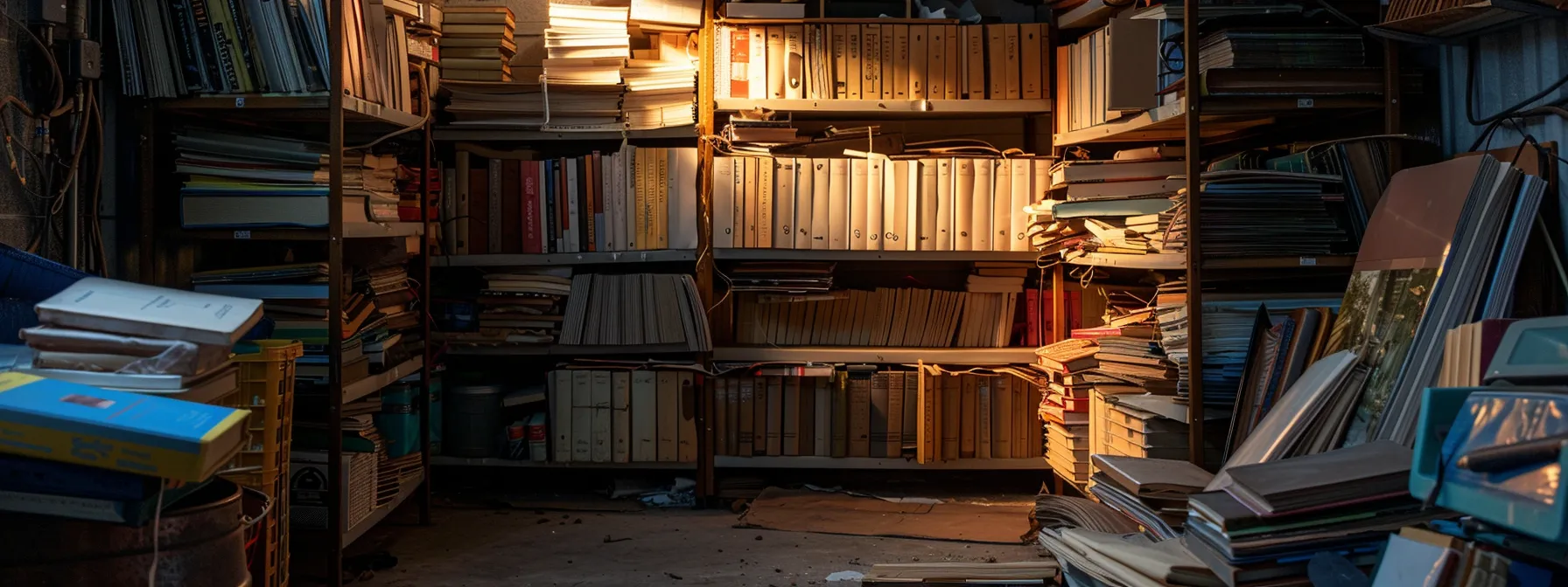 A Close-Up Of A Moisture-Damaged Photo Album And Warped Books In A Dimly Lit Storage Unit, Highlighting The Impact Of Orange County's Humid Climate On Stored Items.