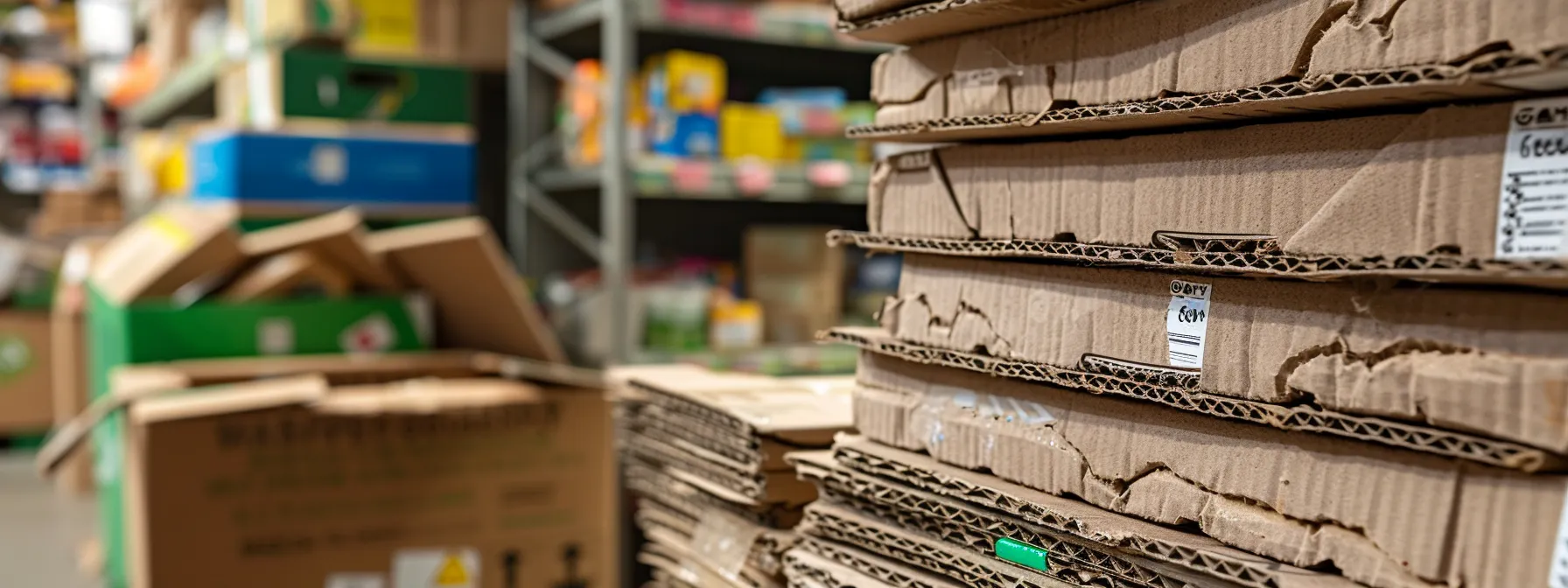 A Close-Up Photo Of A Stack Of Sturdy, Cardboard Boxes Labeled As Recyclable And Biodegradable, Set Against A Backdrop Of A Bustling Eco-Friendly Packing Supplies Store In Downtown San Francisco.