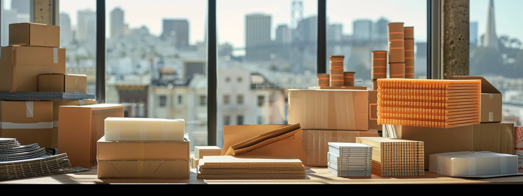 A Close-Up Shot Of Various Eco-Friendly Packing Materials Neatly Arranged, Showcasing Different Box Sizes And Protective Layers With A Scenic View Of Downtown San Francisco In The Background.