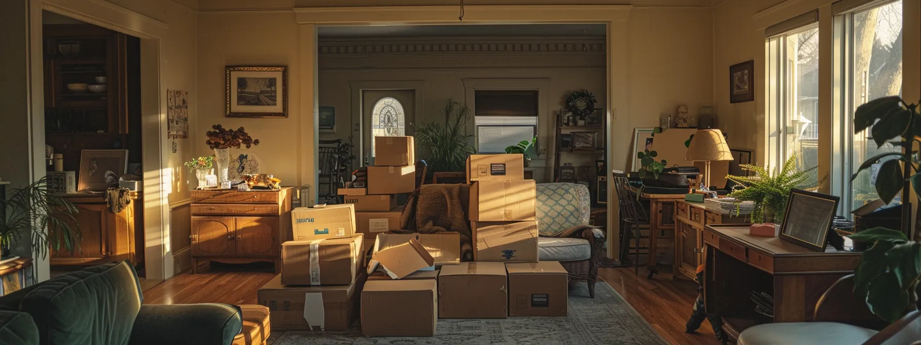 A Clutter-Free Living Room With Moving Boxes Stacked Neatly, Showcasing A Cost-Effective Approach To Long-Haul Relocations In San Francisco.