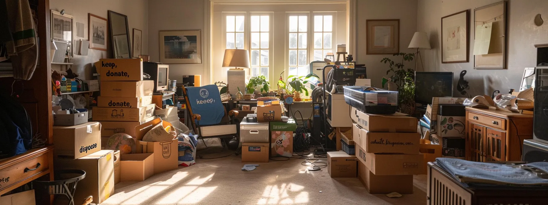 A Clutter-Free Living Room With Neatly Organized Piles Of Belongings Labeled 