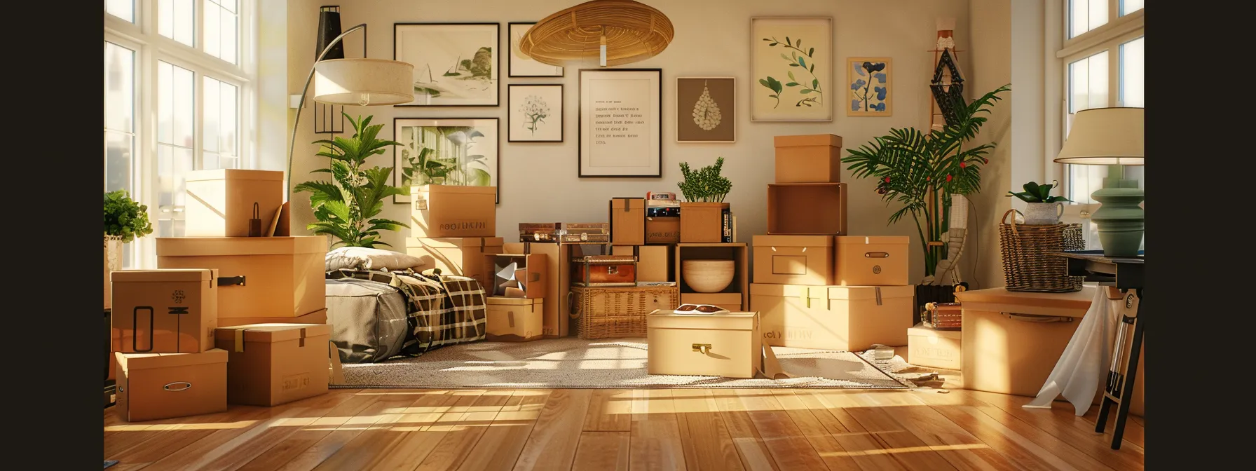 A Clutter-Free Living Room With Moving Boxes Stacked Neatly, Showcasing An Organized And Efficient Interstate Move From San Francisco.