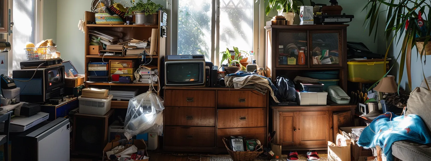 A Cluttered San Francisco Apartment With Seasonal Items And Equipment Stacked Haphazardly, Highlighting The Need For Long-Term Storage Solutions.