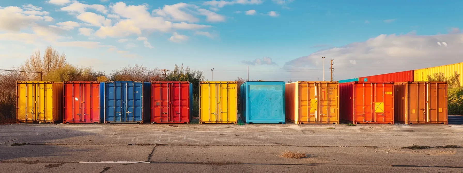 A Colorful Array Of Portable Storage Containers Lined Up Against A Sunny Backdrop In Irvine, Ca.