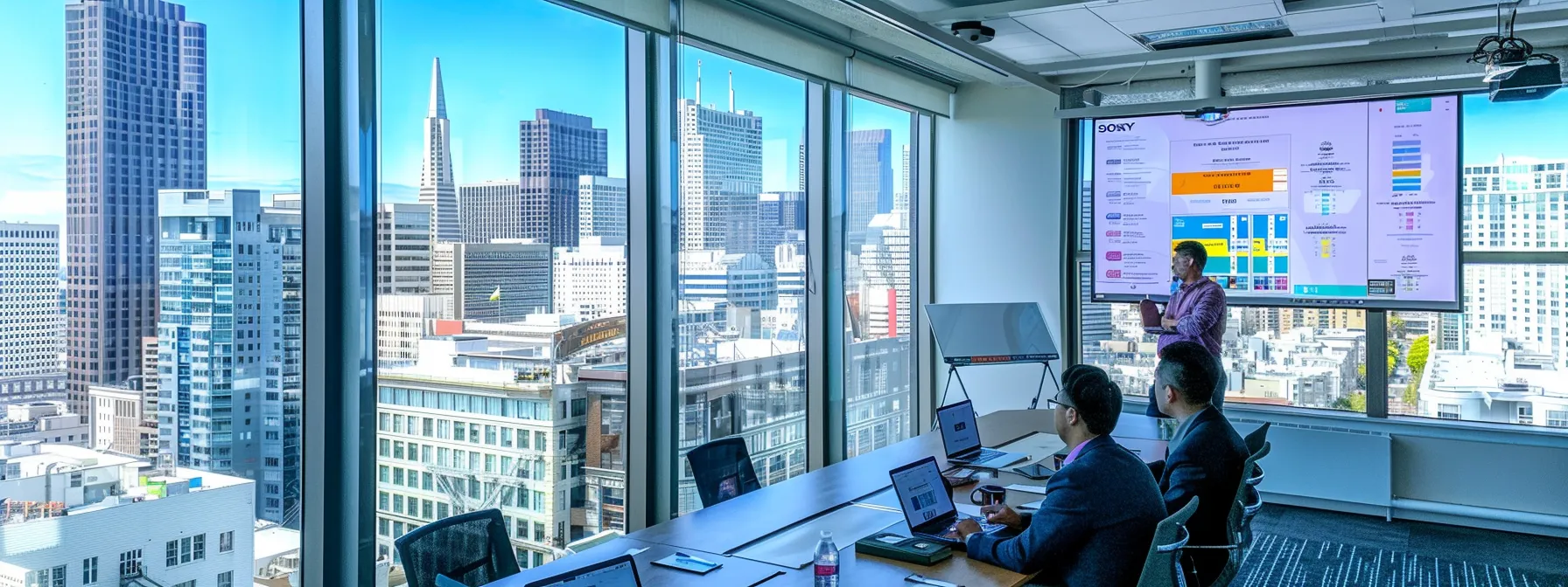 A Conference Room With A Whiteboard Filled With Color-Coded Timelines, Checklists, And Budget Breakdowns, Surrounded By A Team Of Professionals Discussing Logistics For A Company Move, Overlooking The Bustling Streets Of Downtown San Francisco.