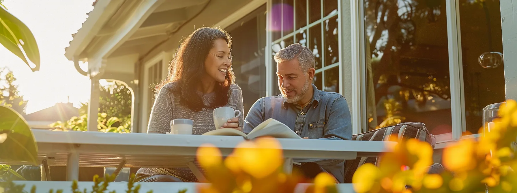 A Couple Reviewing Moving Quotes On A Sunny Porch In Irvine, Ca, Planning Their Cost-Effective Relocation To Seattle While Sipping Coffee.