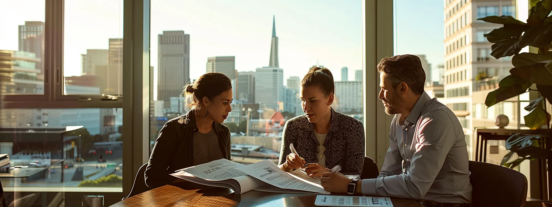 A Couple Reviewing Paperwork With A Moving Company Representative In A Bustling Downtown San Francisco Office, With The City Skyline Visible Through The Window.