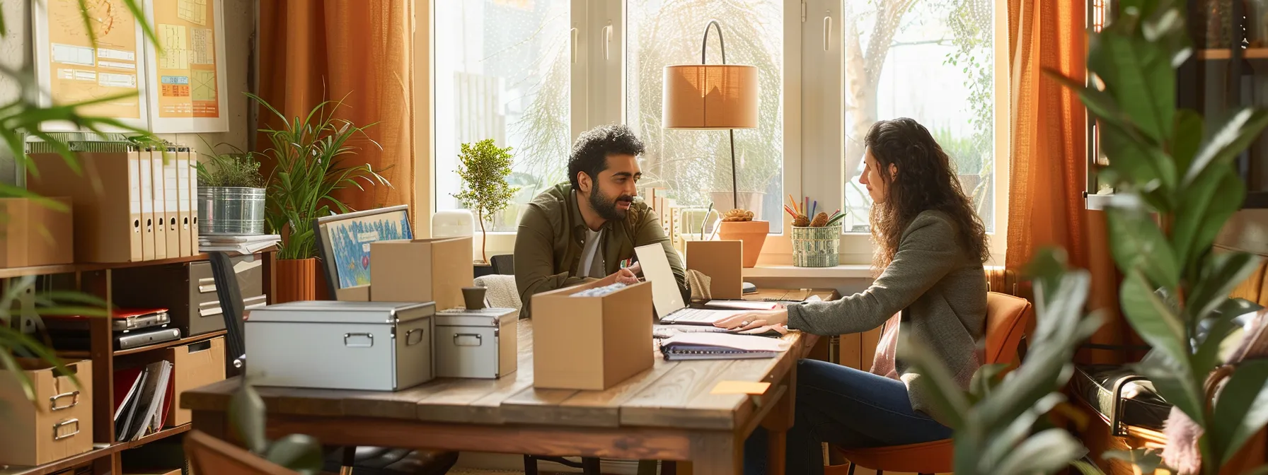 A Couple Sitting At A Cozy Desk, Surrounded By Color-Coded Moving Boxes And Spreadsheets, Mapping Out A Comprehensive Moving Plan For Their Relocation To Orange County.