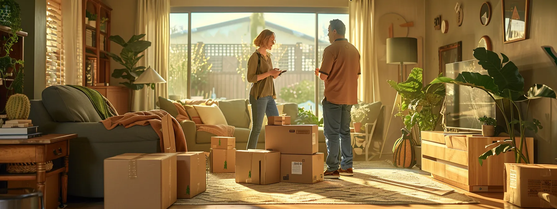 A Couple Standing In A Living Room Surrounded By Moving Boxes, Discussing Inventory Lists And Asking Questions To A Professional Mover From North American Van Lines.