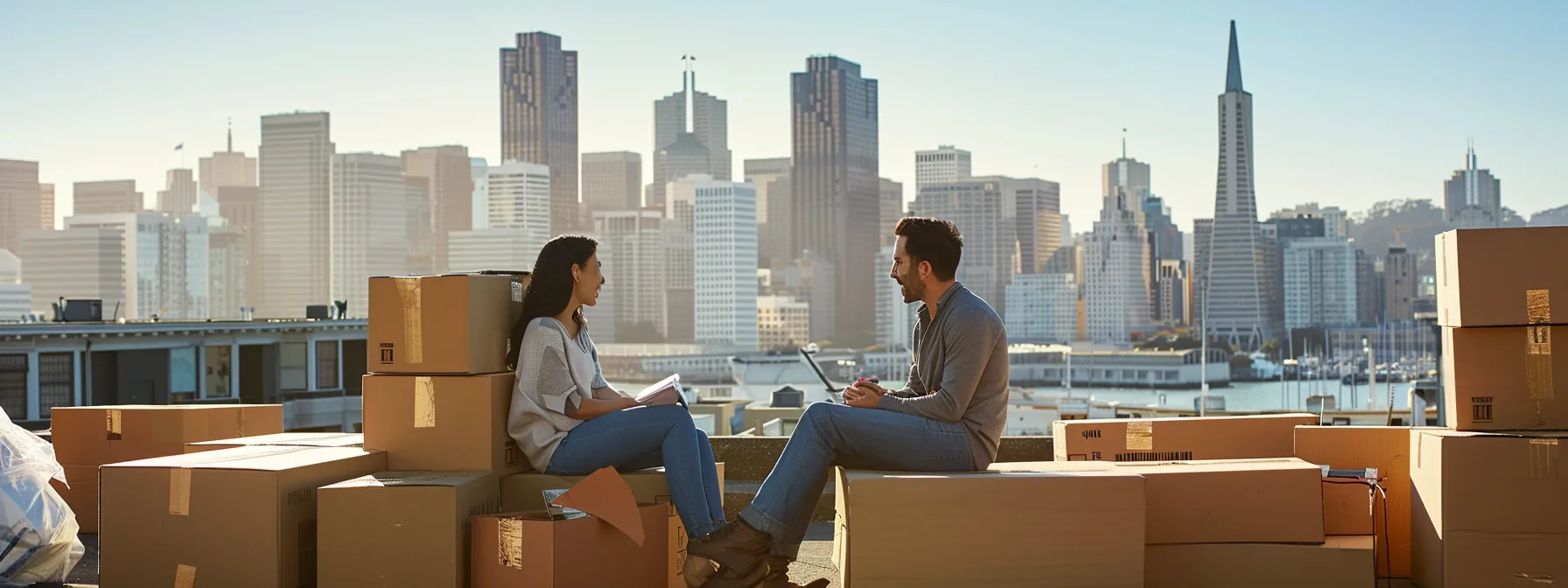 A Couple Surrounded By Moving Boxes, Discussing Their Relocation Plan, With The Iconic San Francisco Skyline In The Background.