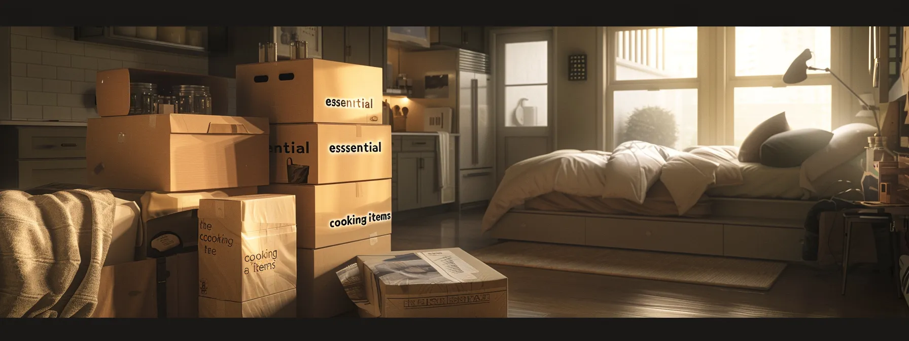 A Cozy Kitchen With Boxes Labeled 