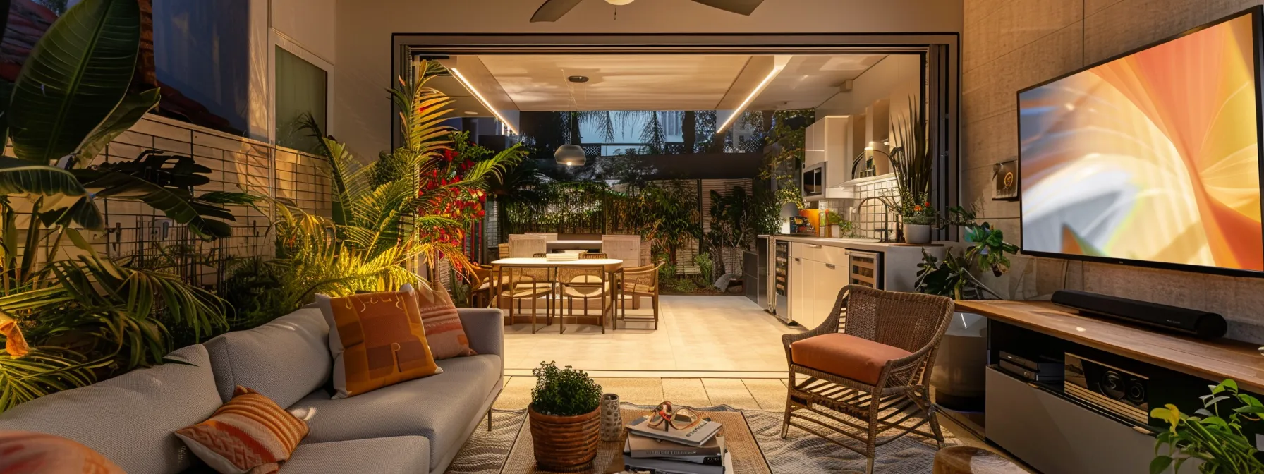 A Cozy La Apartment With A Sleek Outdoor Living Area, Energy-Efficient Appliances, And Vibrant Decor Adapting To The Sunny Climate, Creating A Stylish And Functional Space For Urban Living.