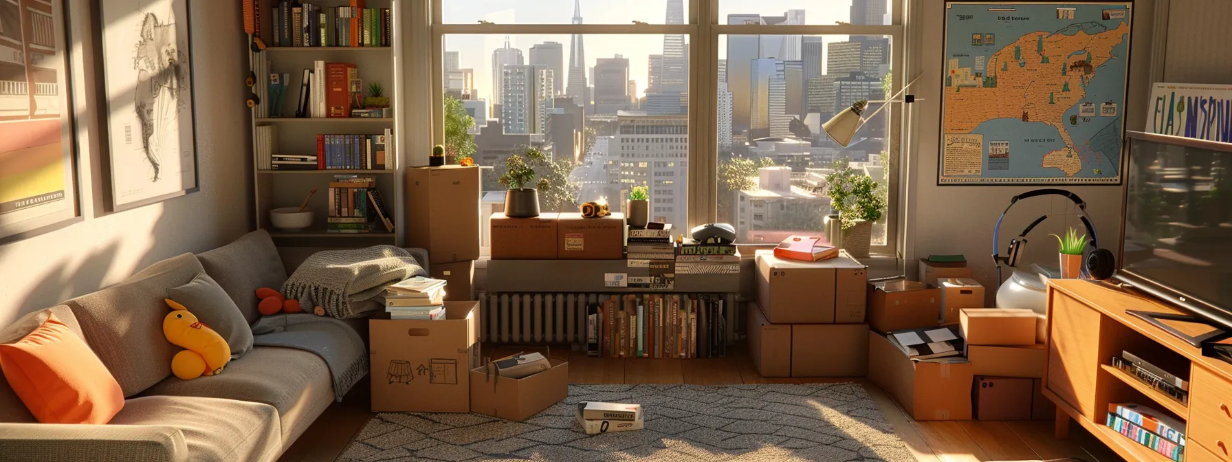 A Cozy Living Room With Moving Boxes Scattered Around, A Map Of San Francisco Hanging On The Wall, And A View Of The City Skyline Through The Window.