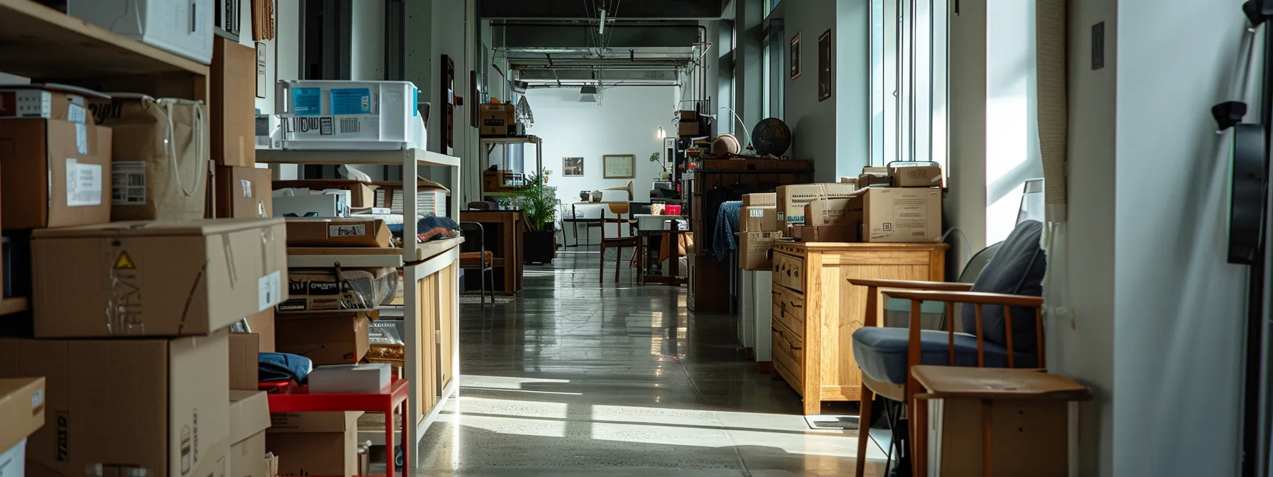 A Cramped San Francisco Apartment Hallway Filled With Stacked Moving Boxes And Furniture, Highlighting The Need For Secure And Tailored Storage Solutions.