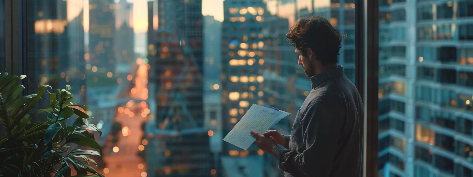 A Customer Reviewing Comprehensive Insurance Policies With A Backdrop Of Downtown San Francisco's Cityscape.