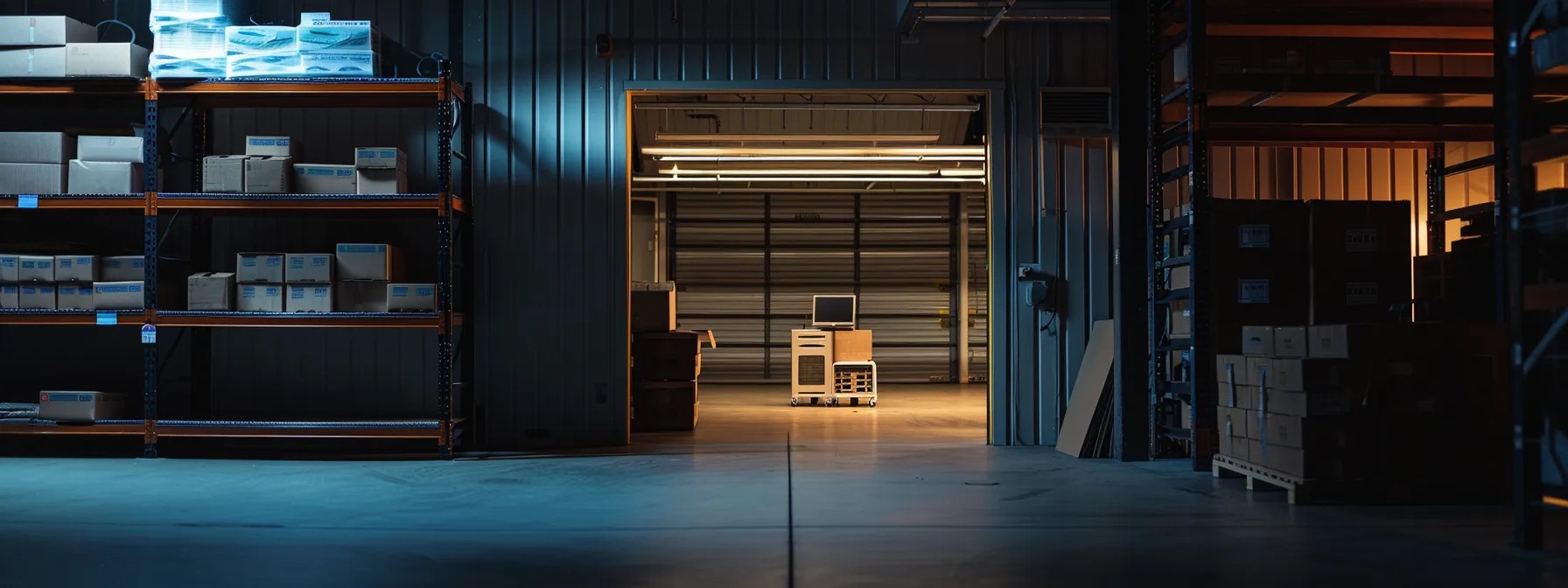 A Dimly Lit Storage Unit In Downtown San Francisco, Showcasing A Temperature-Controlled Environment With Neatly Stacked Boxes And A Digital Thermostat Display.