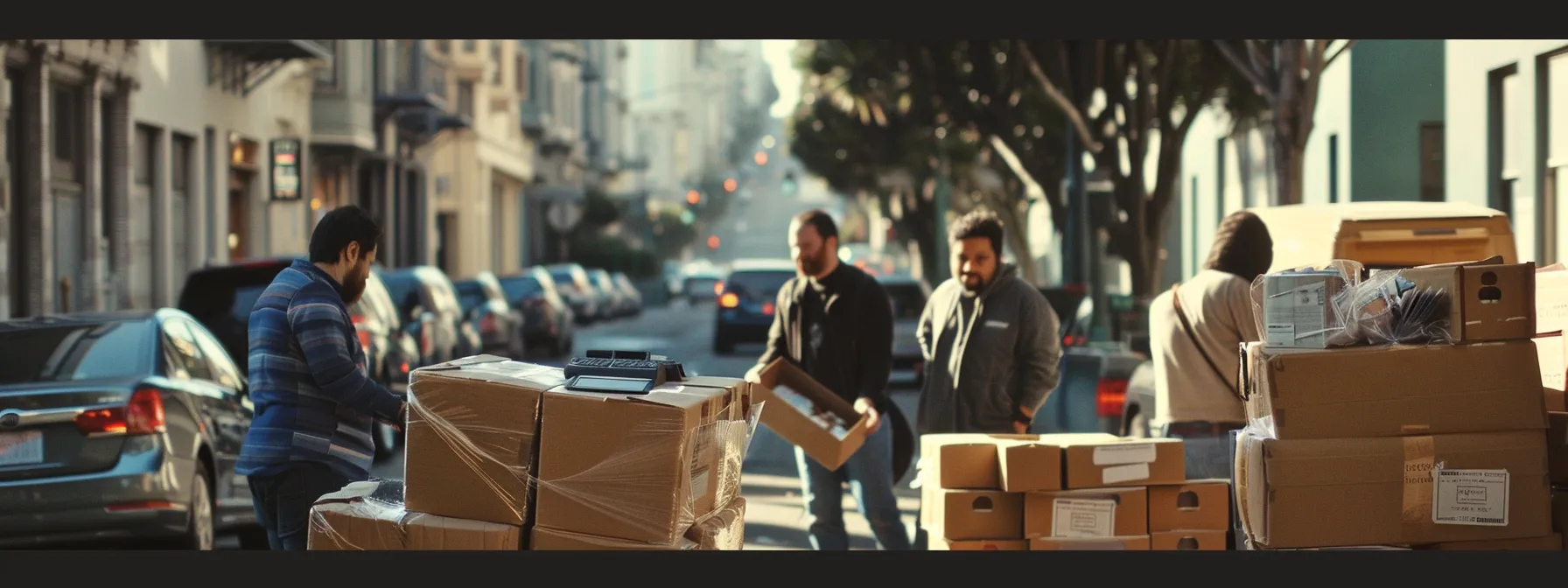 A Diverse Group Of San Francisco Movers Surrounded By Stacks Of Detailed Estimates, Calculators, And Moving Boxes In The Heart Of Downtown San Francisco.