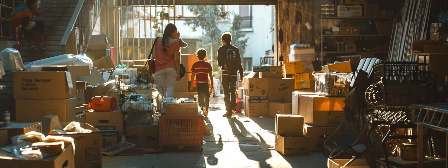 A Family Carefully Choosing Between Different Moving And Storage Options, Surrounded By Moving Boxes And Packing Materials.